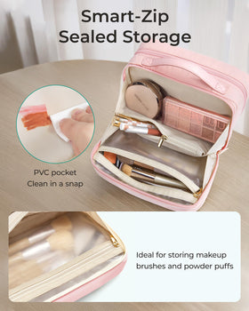 BAGSMART pink makeup bag zippered divider keeps long items organized