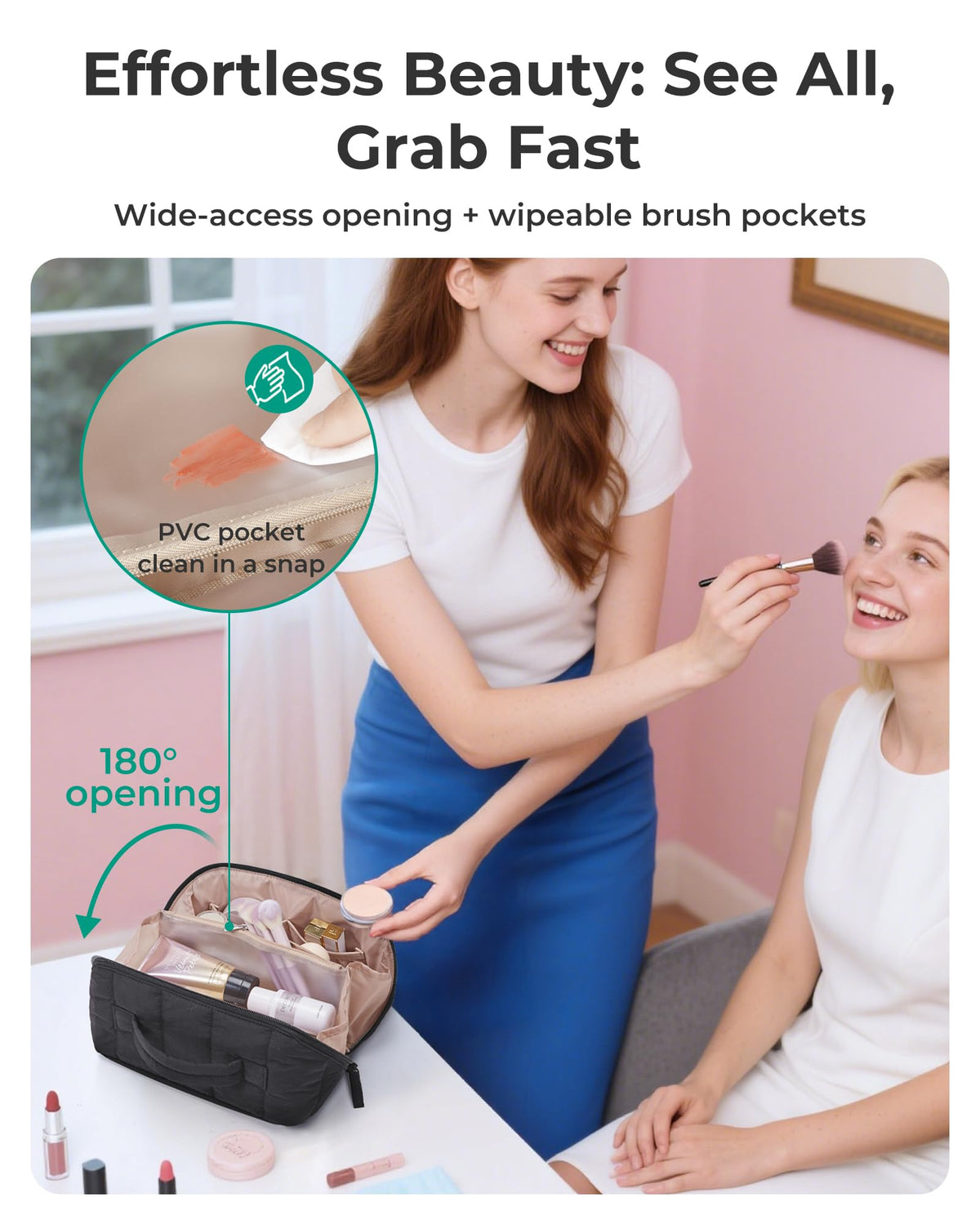 BAGSMART travel makeup bag with quilted exterior for style and durability.