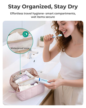 BAGSMART travel makeup bag showing spacious compartments for makeup and skincare.