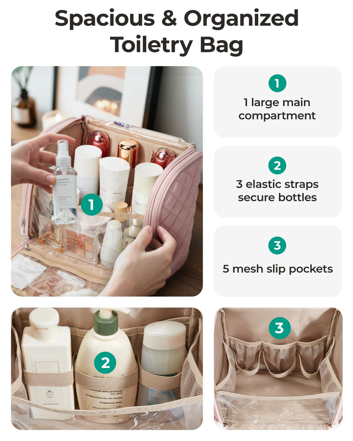BAGSMART interior showing elastic bottle pockets for upright storage.