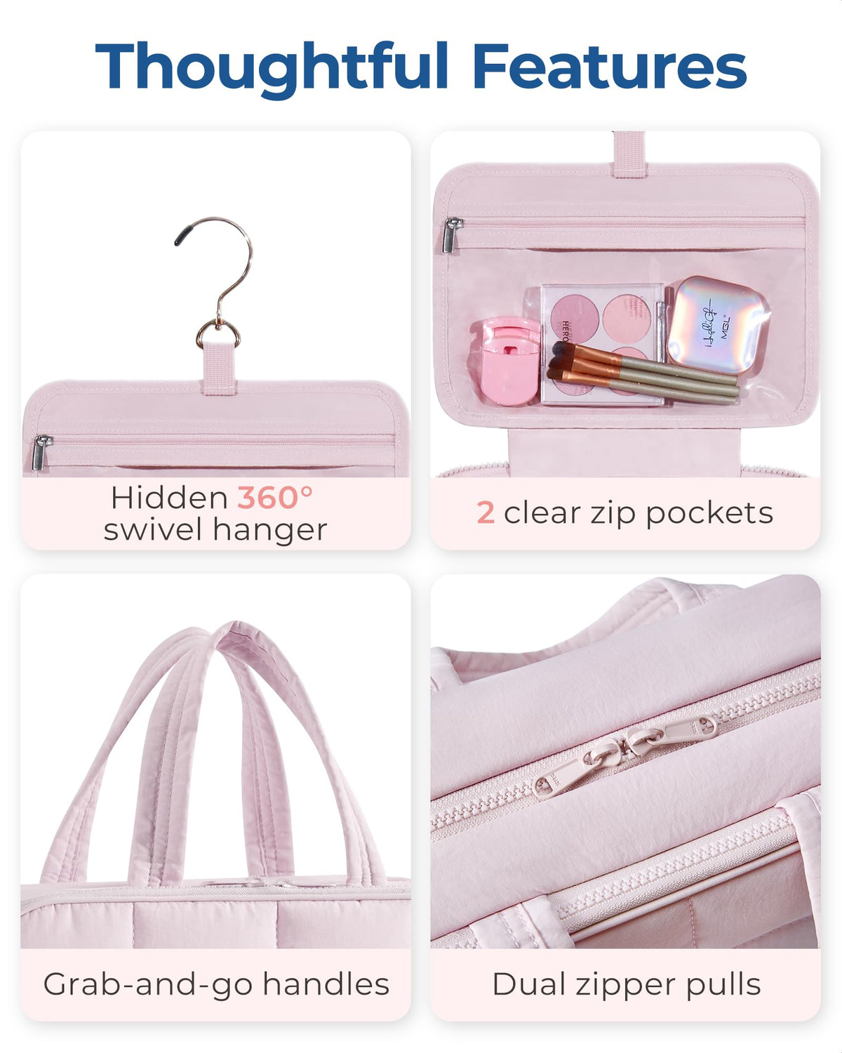BagSmart travel toiletry bag carry handle doubles as a hanging strap for quick access