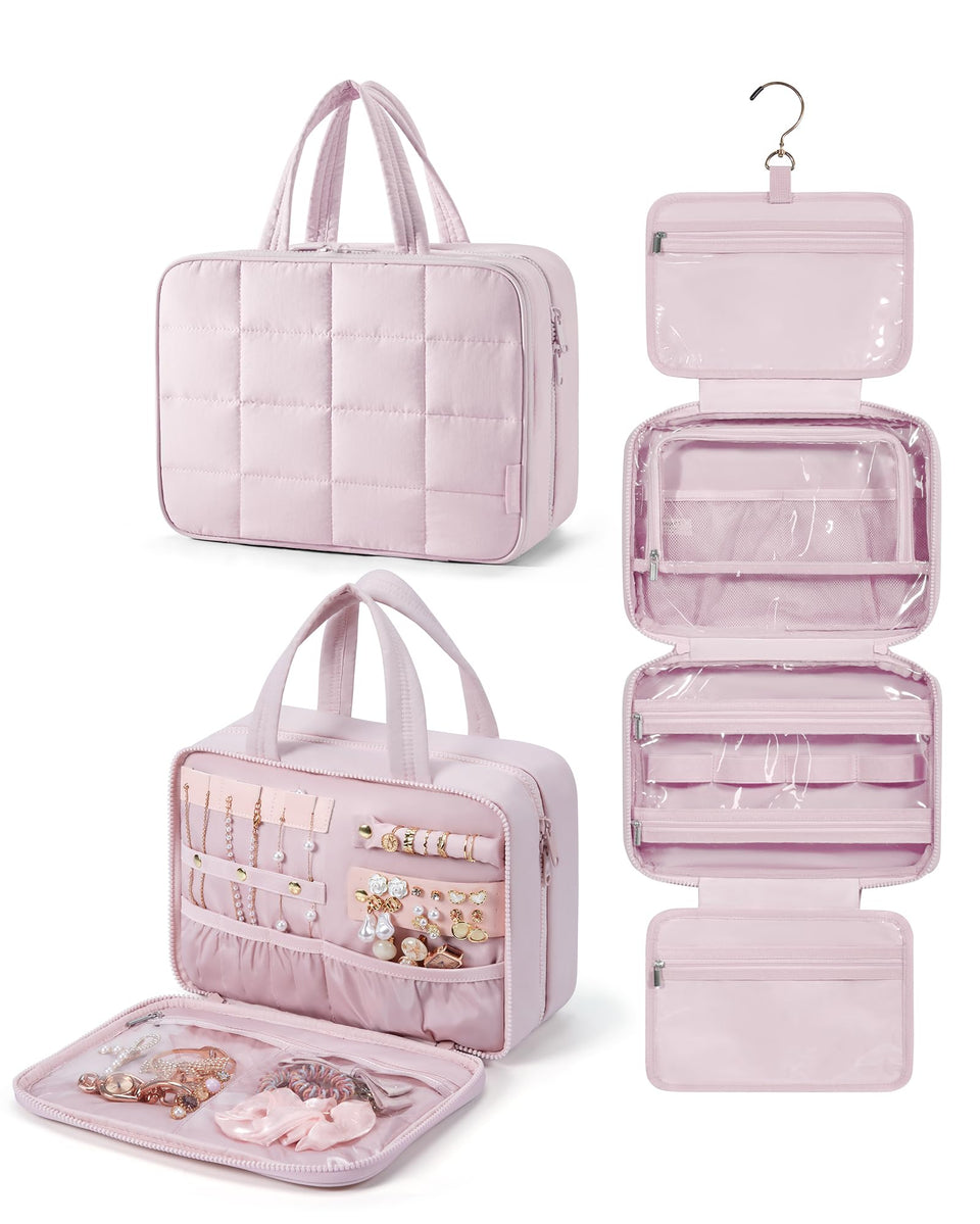 BagSmart travel toiletry bag jewelry compartment keeps rings and necklaces secure during travel