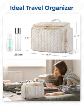 BAGSMART pink toiletry bag shown on a bathroom counter for practical organization.