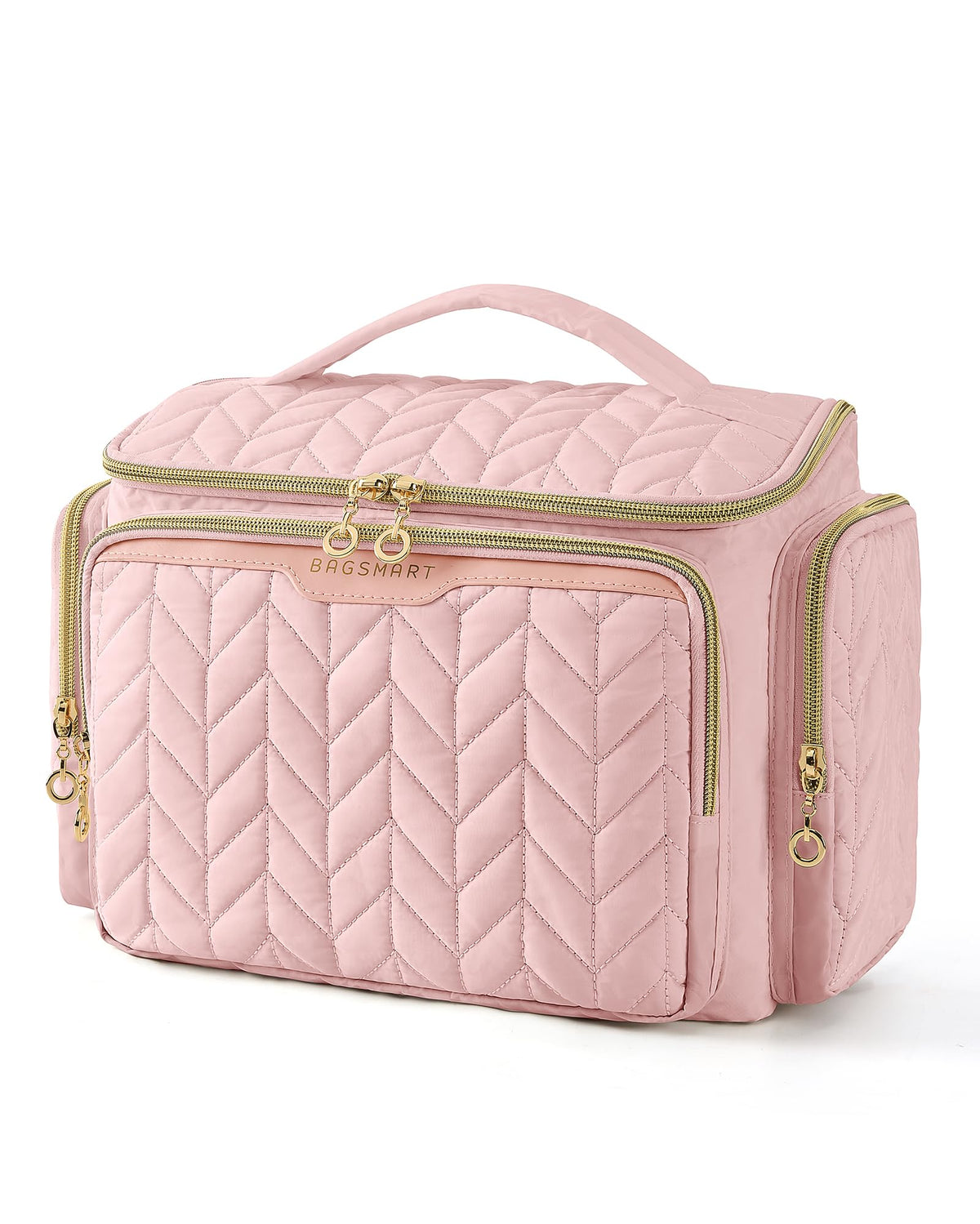 BAGSMART pink travel toiletry bag with Puffy material offers lightweight, soft carry.