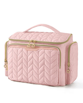 BAGSMART pink travel toiletry bag with Puffy material offers lightweight, soft carry.