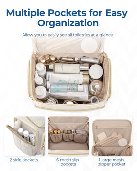 BAGSMART pink wide-opening bag provides quick access to cosmetics.