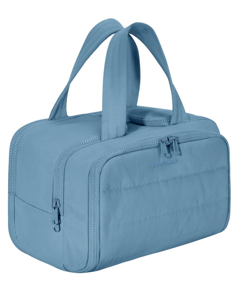 BAGSMART travel toiletry bag steel blue front view shows easy-access design