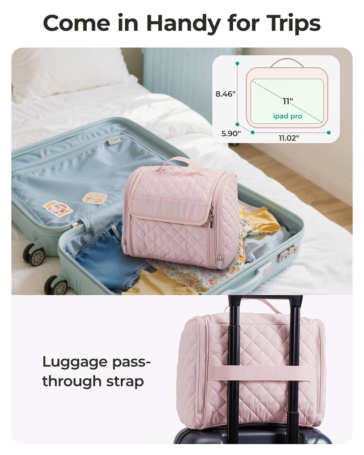 BAGSMART top-handle on the travel toiletry bag for easy carrying.
