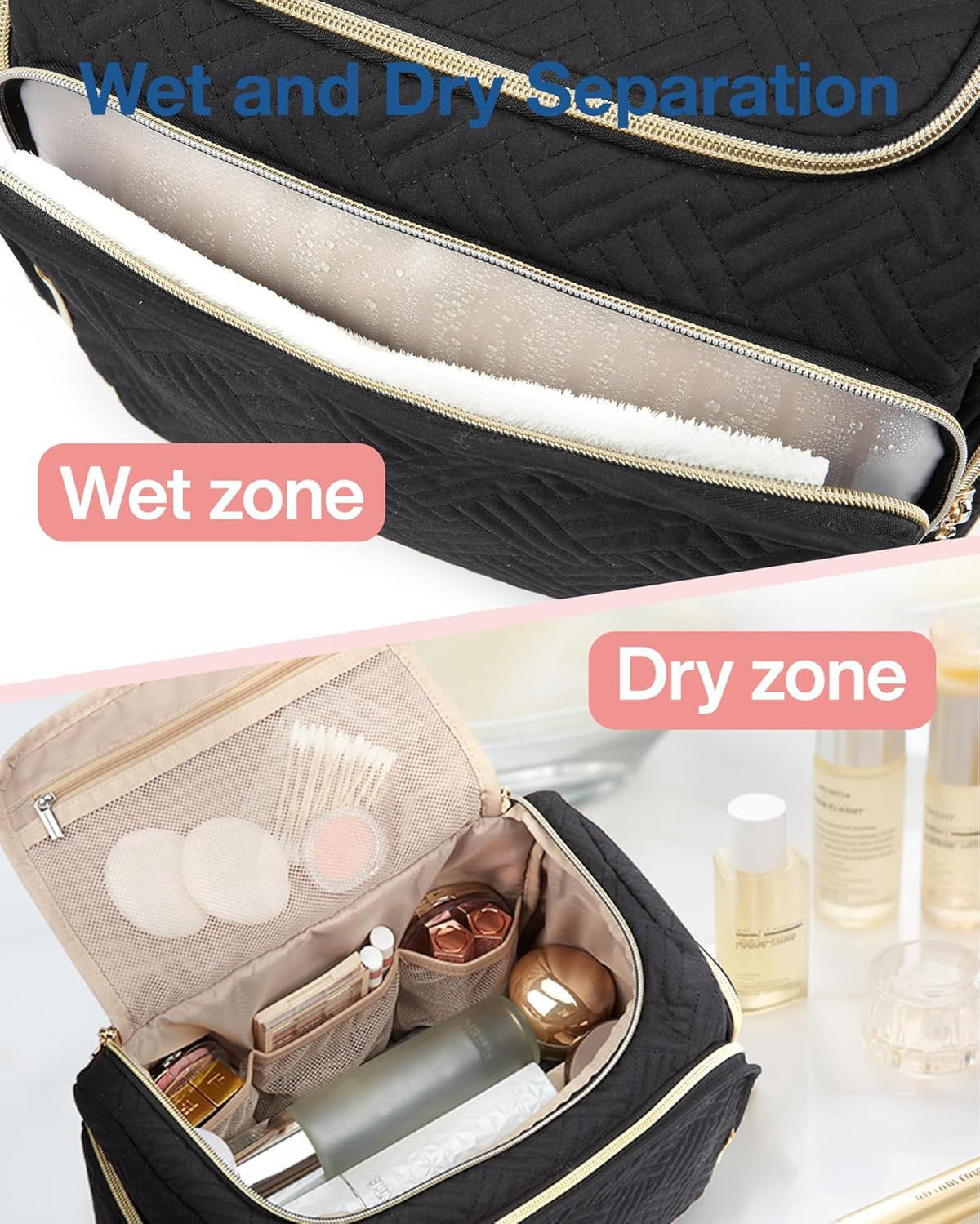 BAGSMART waterproof toiletry bag front pocket keeps wet items separate
