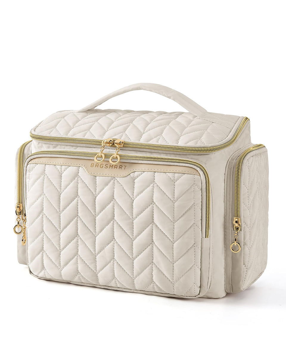 BAGSMART travel toiletry bag with wide opening and beige handle for easy access