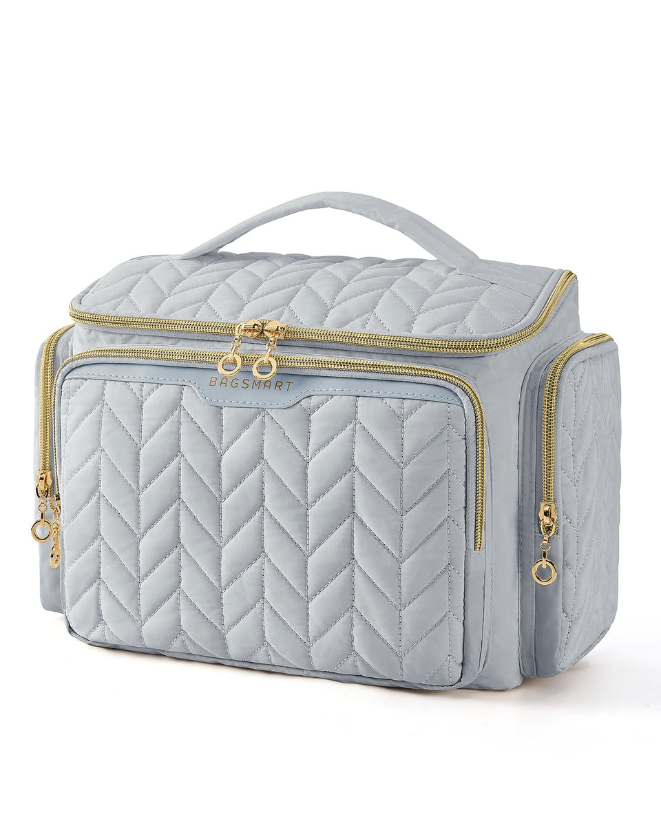 BAGSMART travel toiletry bag wide-opening for easy access to cosmetics on the go.