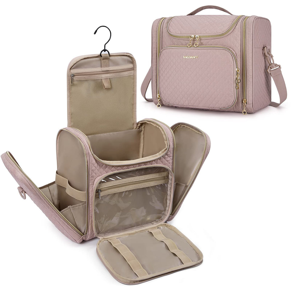 BAGSMART travel toiletry bag in pink with a hanging design for organization.