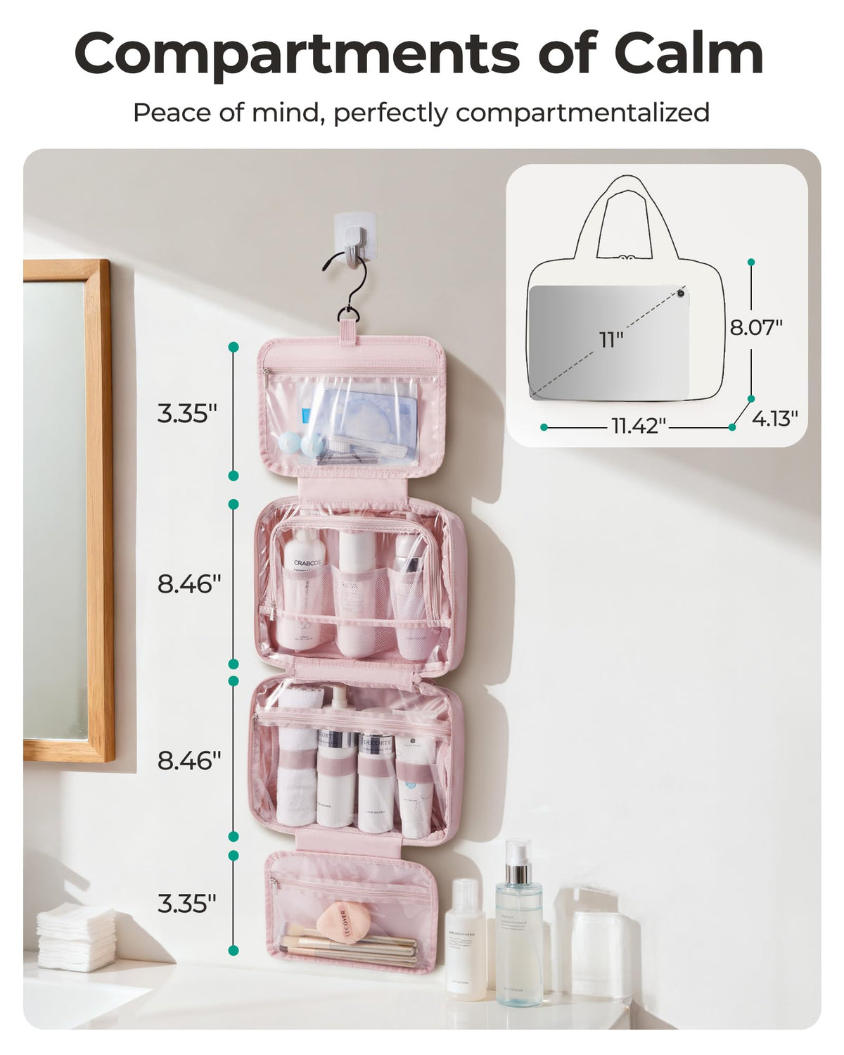 BAGSMART waterproof fabric protects cosmetics during travel.