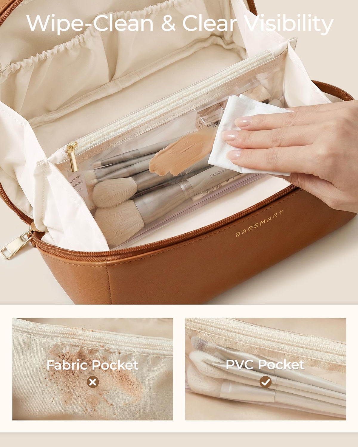 BAGSMART waterproof TPU interior protects brushes during travel.