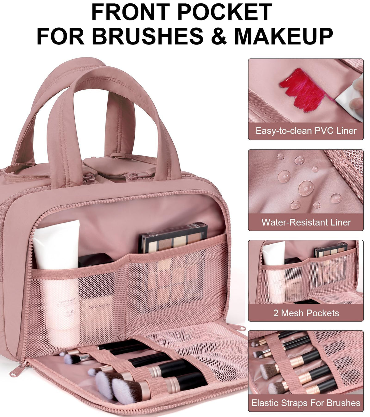 Bagstellar back waterproof compartment keeps damp items separate from dry cosmetics.