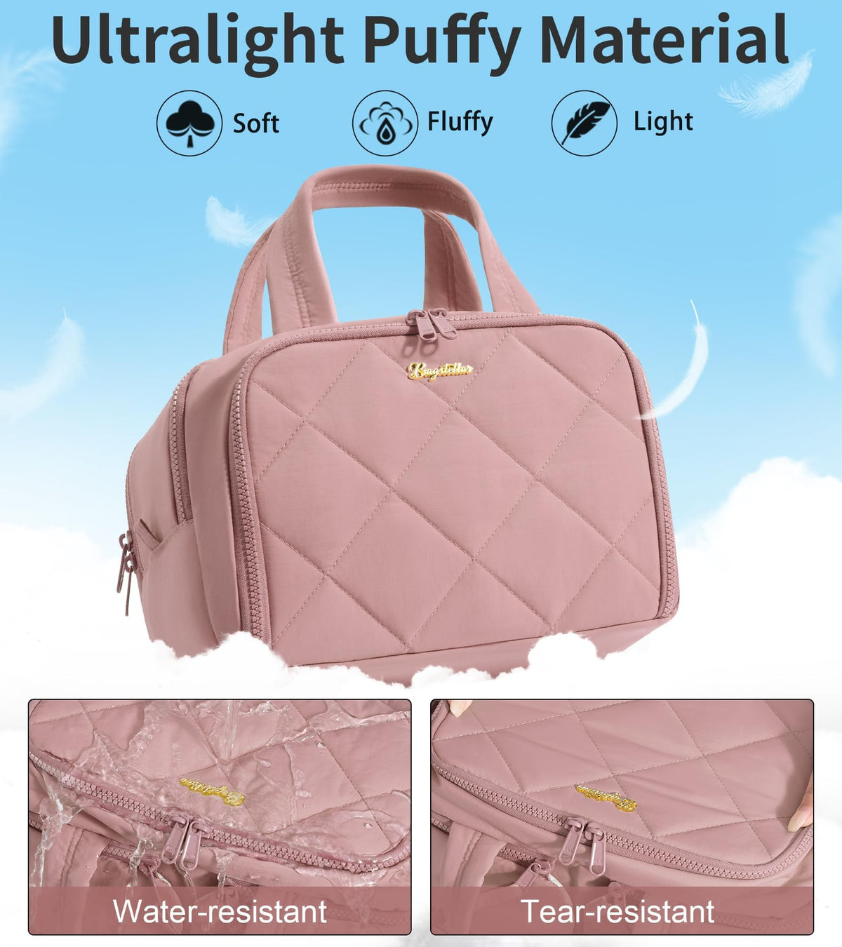 Bagstellar front pocket holds brushes neatly for easy access during travel.