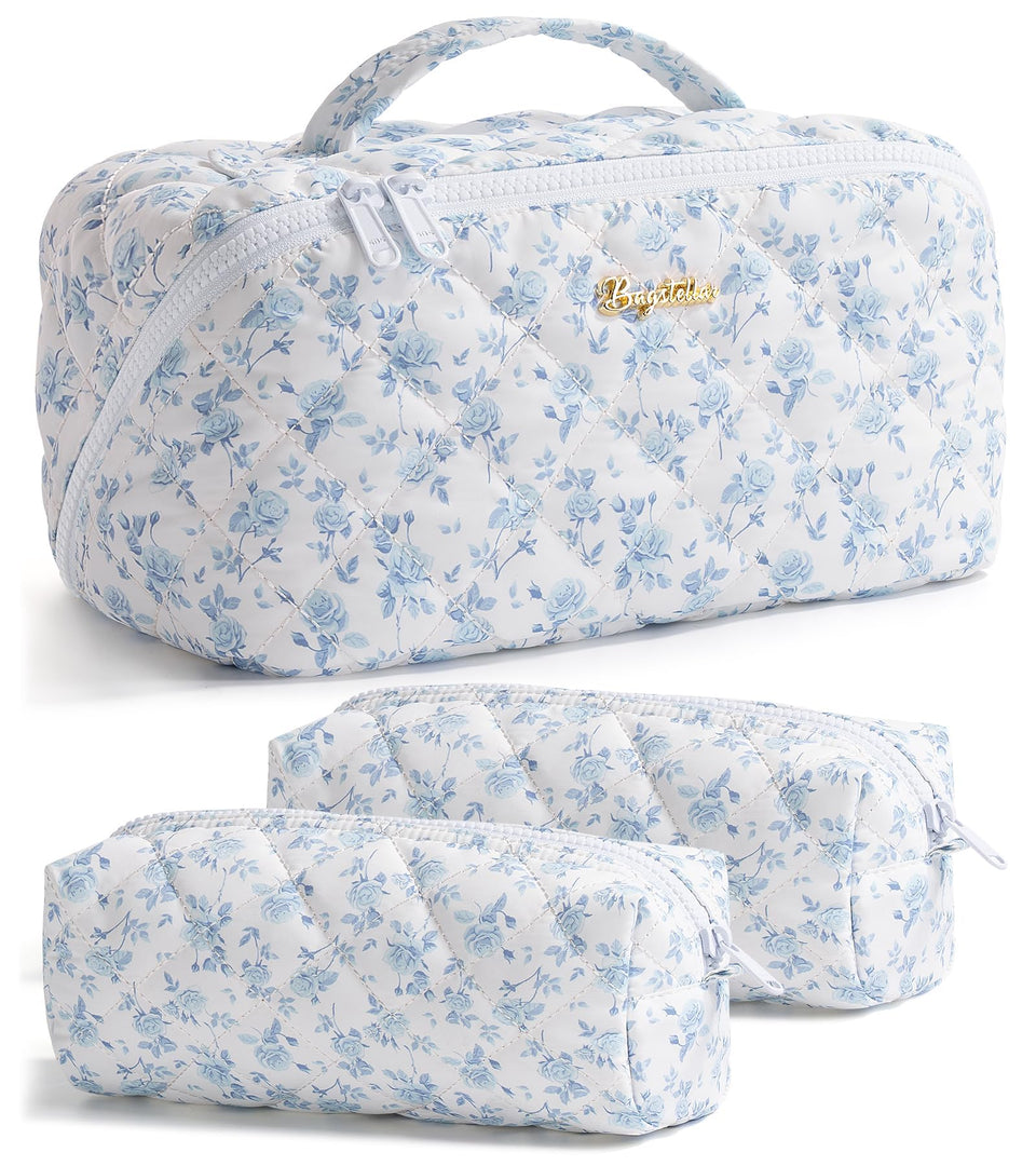 Bagstellar 3-piece travel makeup bag set with spacious main compartments for cosmetics
