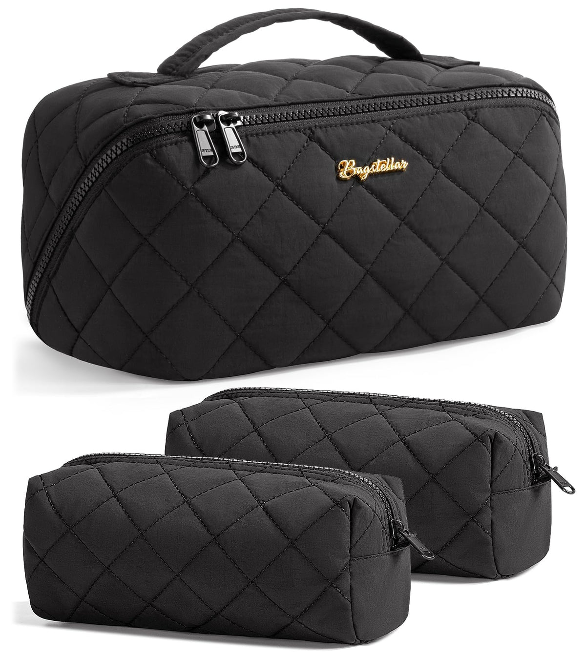 Bagstellar travel makeup bag back view shows quilted exterior and sturdy carry handle.