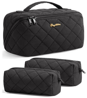 Bagstellar travel makeup bag back view shows quilted exterior and sturdy carry handle.