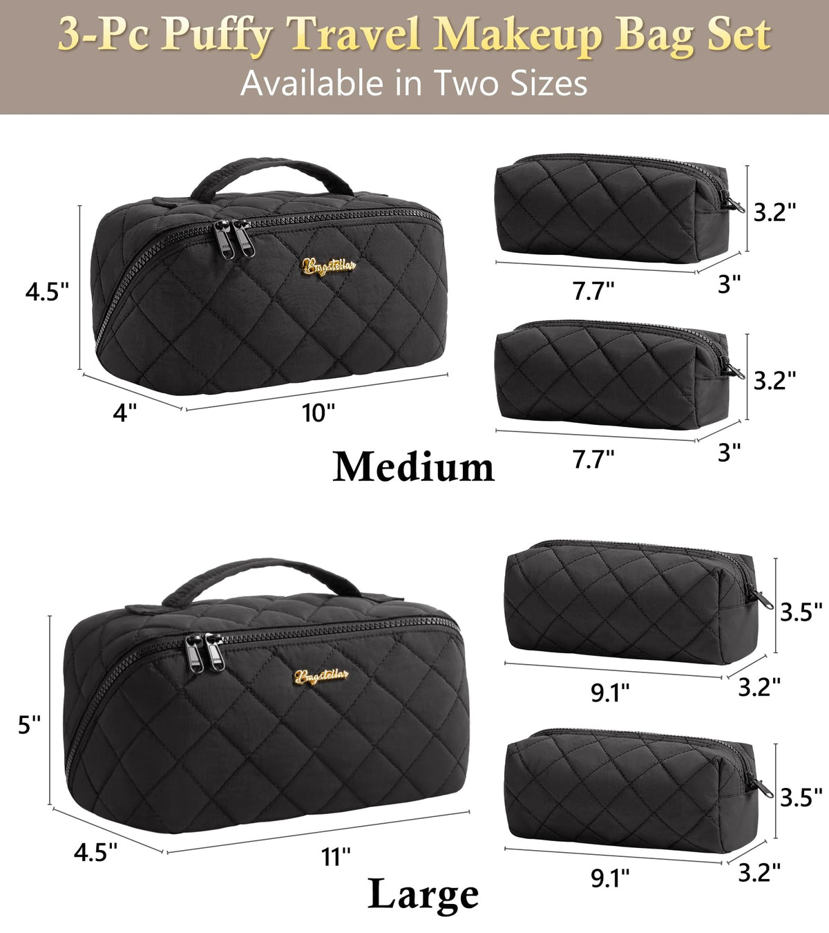 Bagstellar travel makeup bag front view highlights diamond stitch and sleek black finish.