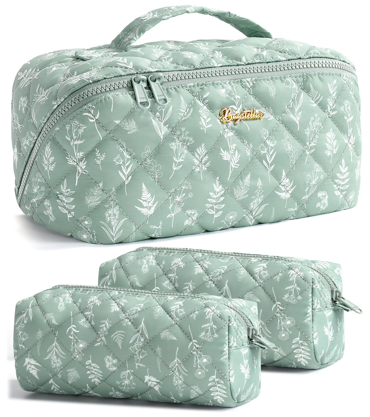 Bagstellar travel makeup bag green floral with open layout for easy access to cosmetics