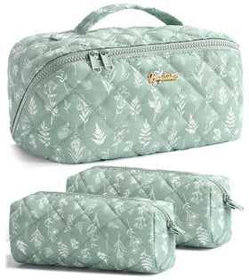 Bagstellar travel makeup bag green floral with open layout for easy access to cosmetics