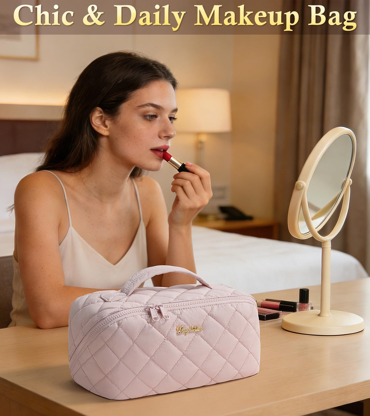 Bagstellar travel makeup bag built-in handle offers convenient carrying between locations.