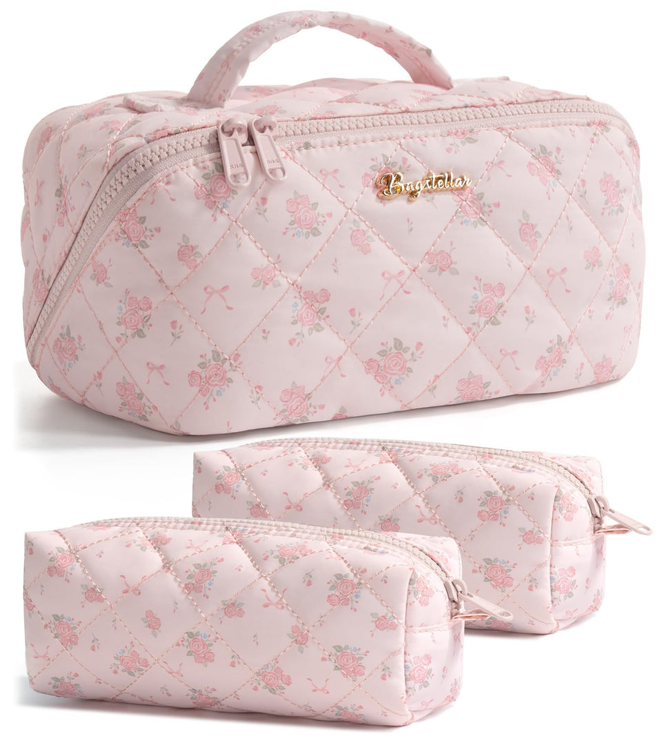 Bagstellar travel makeup bag rose pink large with wide opening for easy access