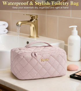 Bagstellar travel makeup bag water-resistant lining protects contents during travel.