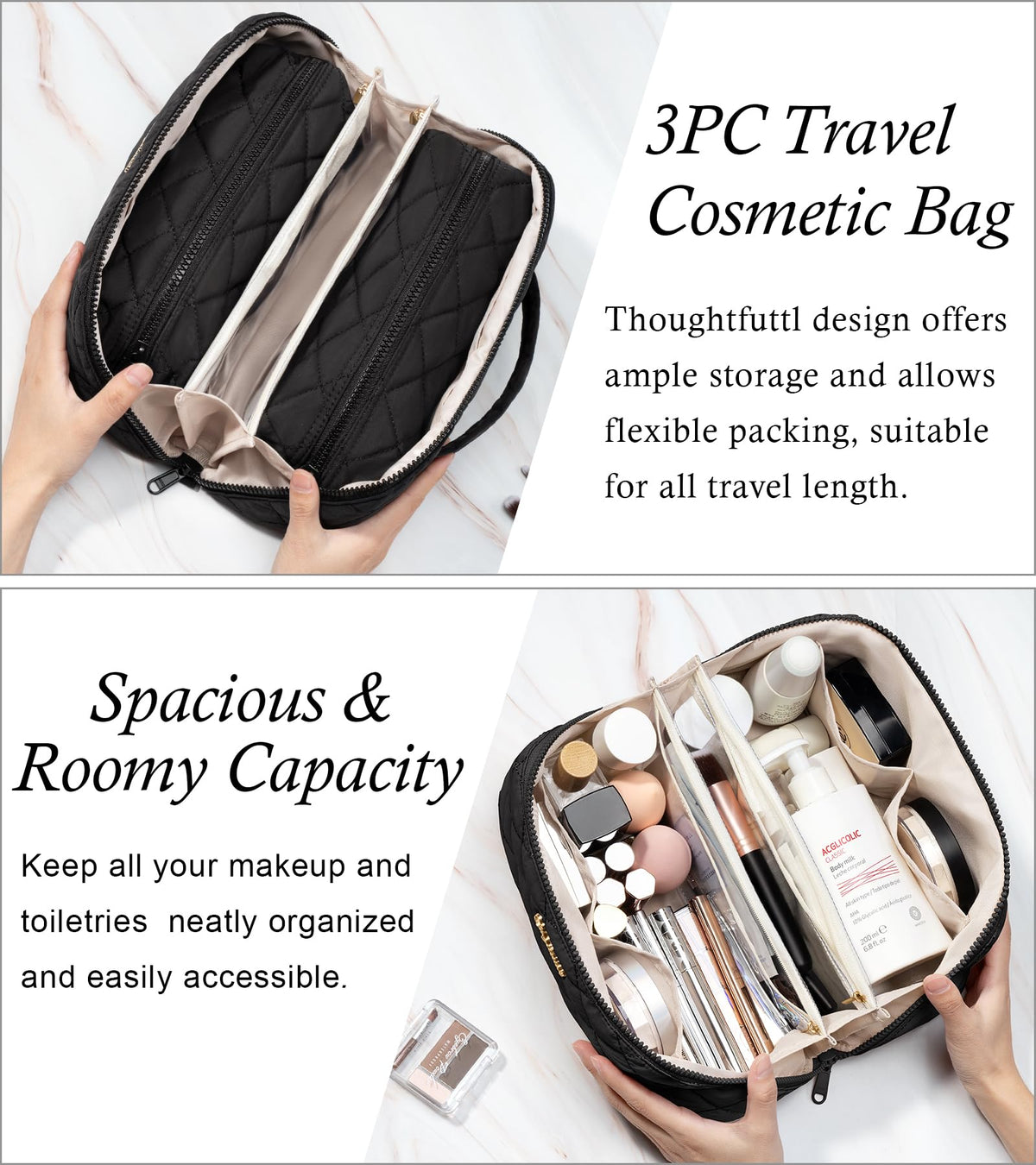 Bagstellar travel makeup bag wide-open layout reveals five compartments for easy access.
