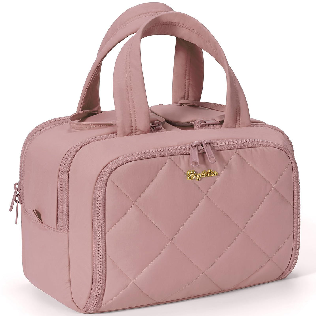 Bagstellar travel toiletry bag in dark pink, front view showing spacious compartments for organized packing.