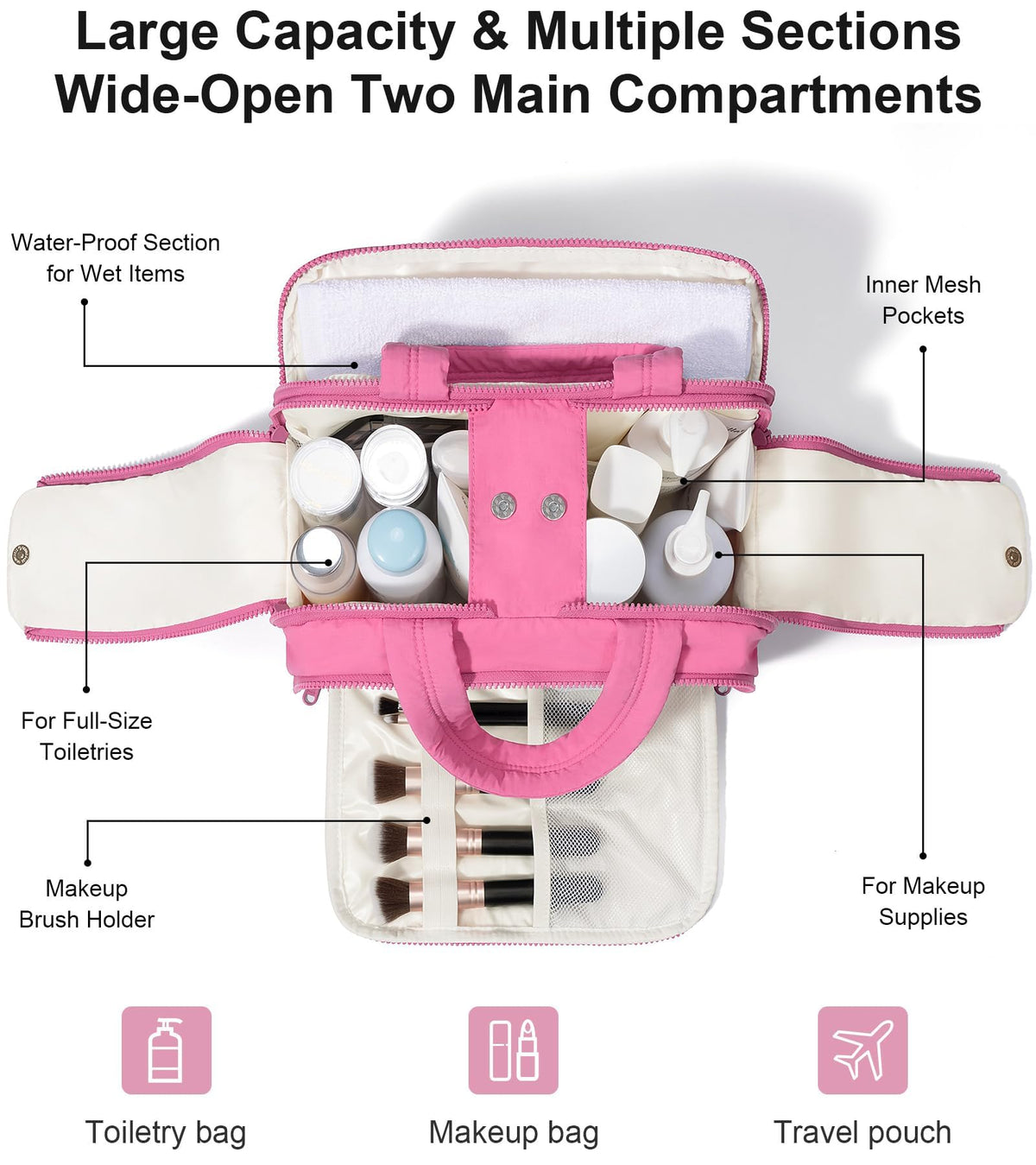 Two waterproof compartments keep damp items separate from dry cosmetics