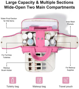 Two waterproof compartments keep damp items separate from dry cosmetics