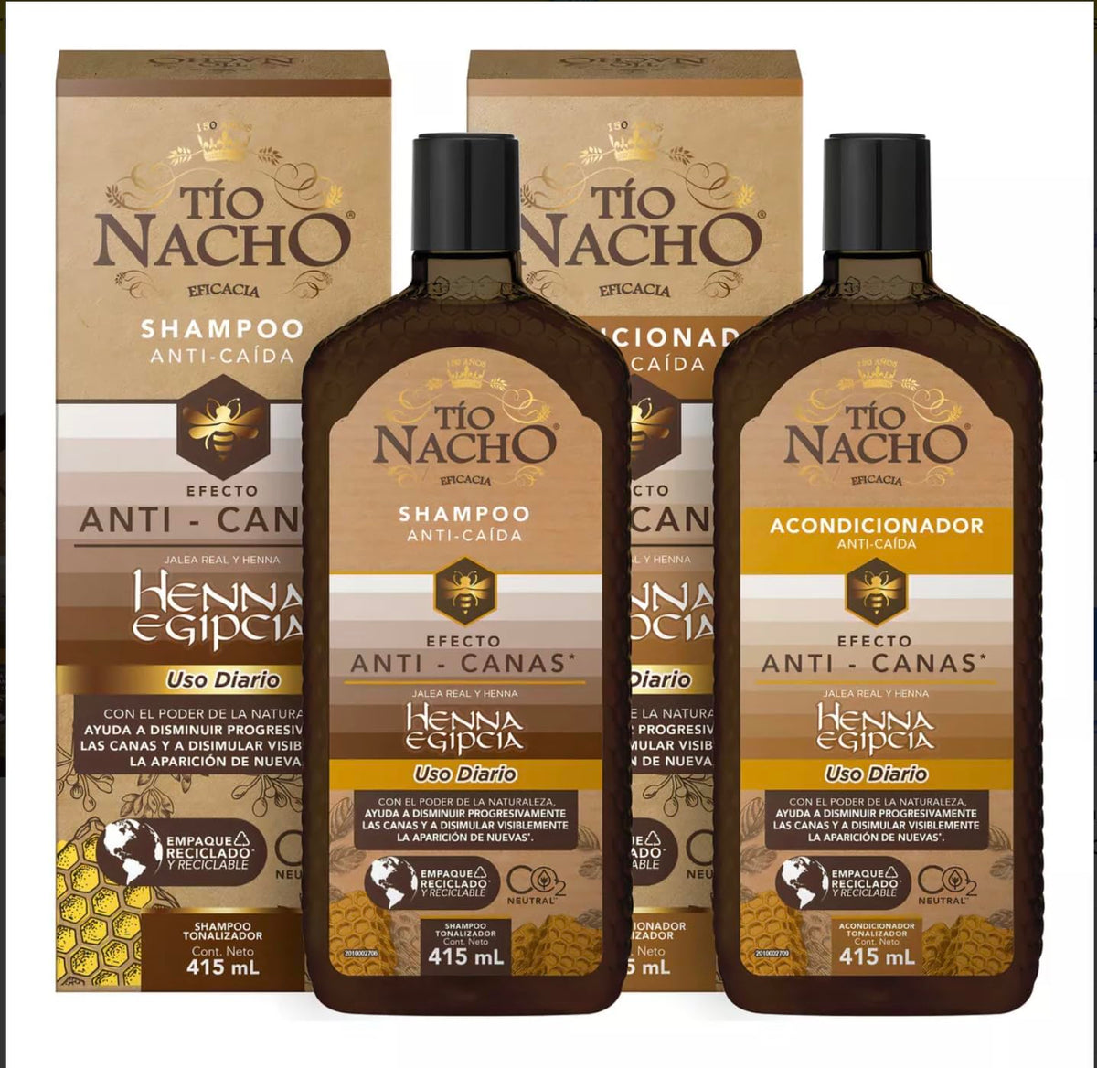 Bagues Tio Nacho anti-gray shampoo bottle minimizes gray appearance and nourishes hair.