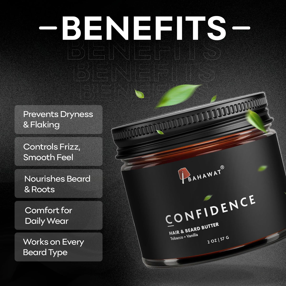 BAHAWAT natural ingredients bottle focus highlights nourished beard with vitamins.