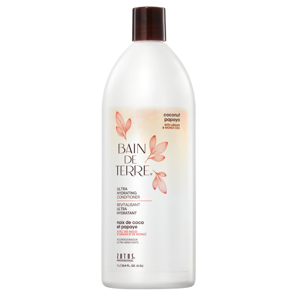 Bain de Terre Coconut Papaya bottle front demonstrates ultra hydrating care for dry hair