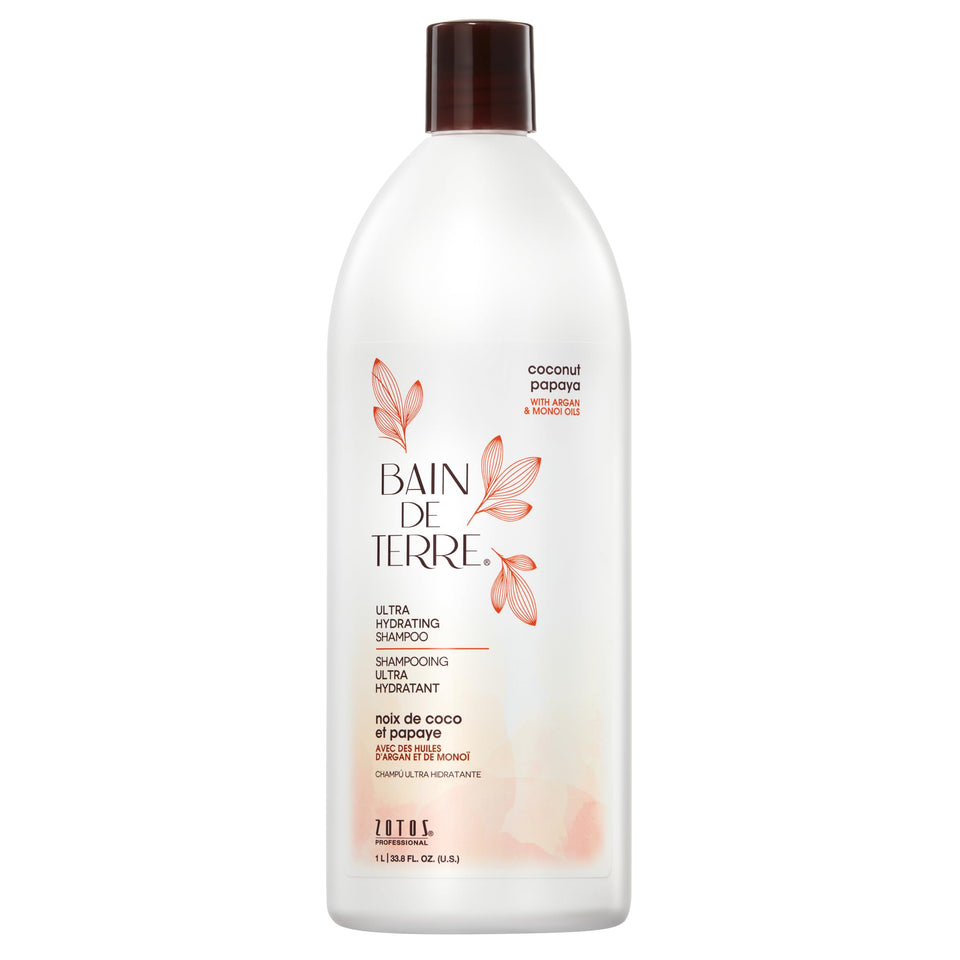 Bain de Terre Coconut Papaya Shampoo bottle displaying ultra-hydrating formula.