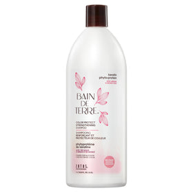 Bain de Terre Keratin Phyto-Protein Shampoo bottle showcases fortifying formula for fragile hair.