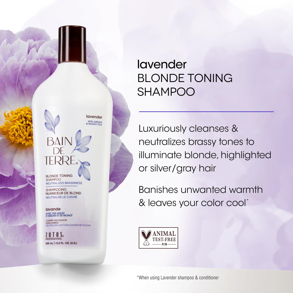 Bain de Terre Lavender Blonde Toning Shampoo ingredients with argan and monoi oils for moisture.