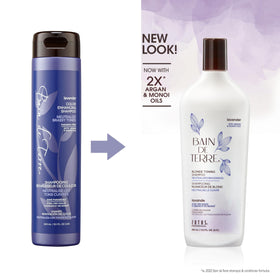 Bain de Terre Lavender Blonde Toning Shampoo liquid pour demonstrates brassy tone neutralization.