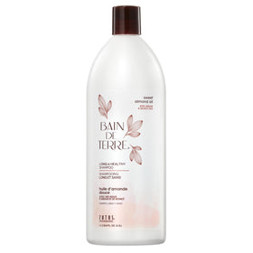 Bain de Terre Sweet Almond Oil shampoo bottle highlighting nourishing formula for resilient long hair