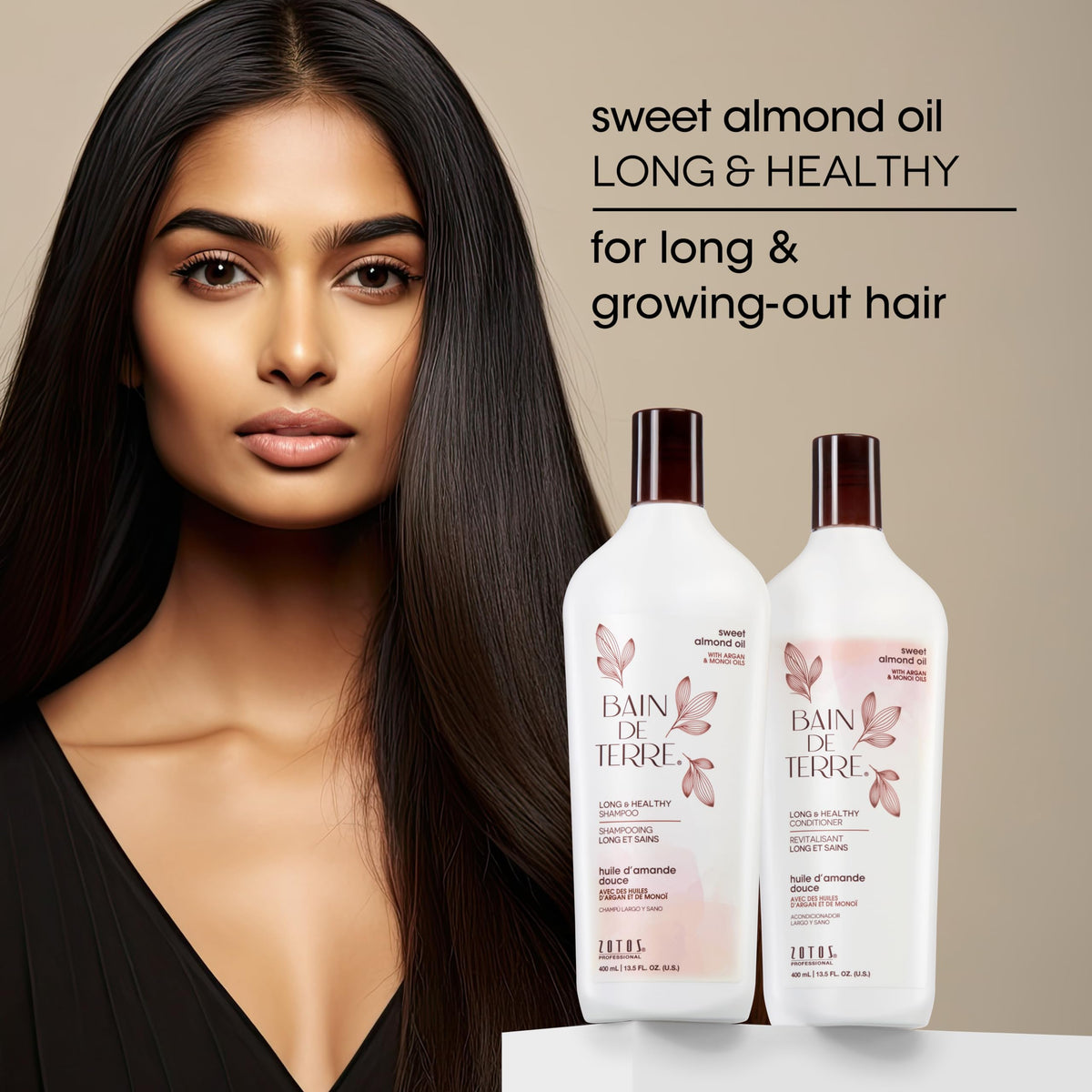 Bain de Terre Sweet Almond Oil shampoo lather shown, suggesting gentle cleansing and color-safe care