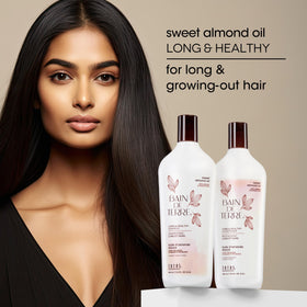 Bain de Terre Sweet Almond Oil shampoo lather shown, suggesting gentle cleansing and color-safe care