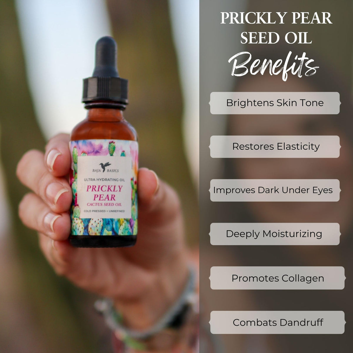 Baja Basics prickly pear seed oil on skin demonstrates fast absorption and natural glow