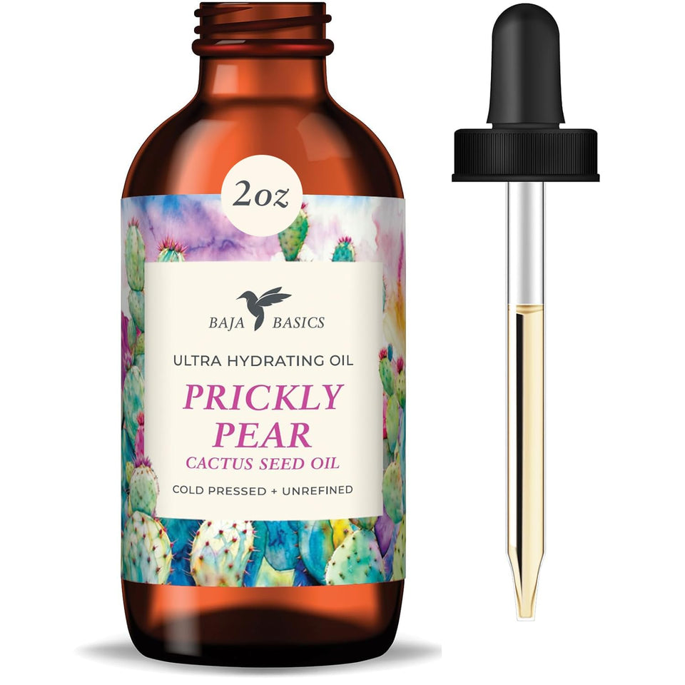 Baja Basics Prickly Pear Seed Oil bottle showing ultra-hydration for the skin