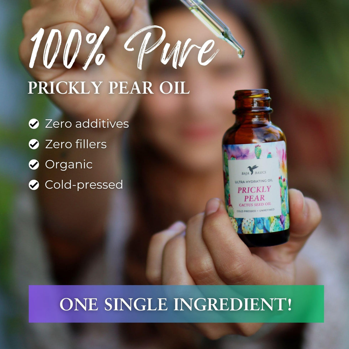 Dropper of Baja Basics prickly pear oil highlights versatile skincare for face, hair, and nails