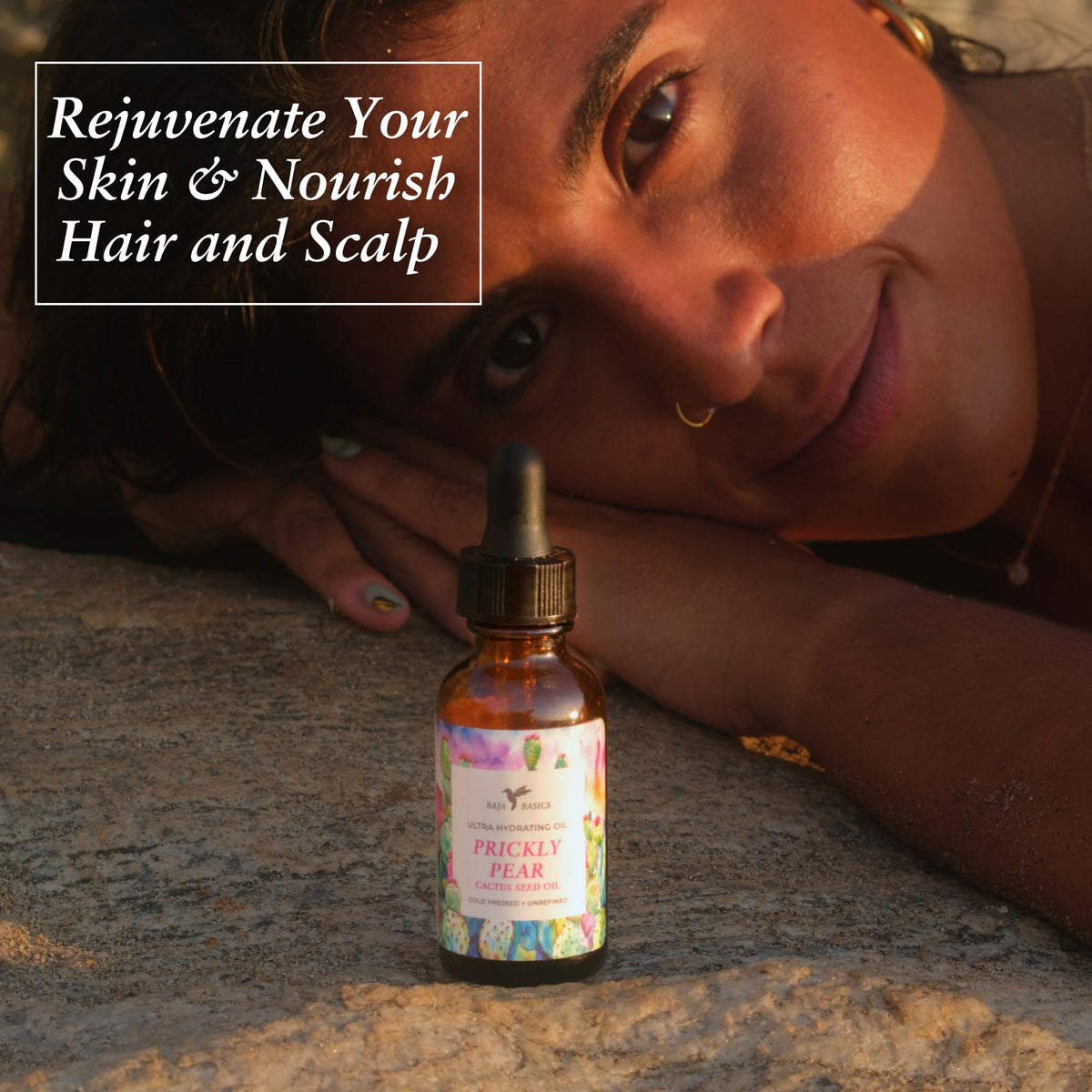 Baja Basics prickly pear seed oil applied to the face for easy hydration