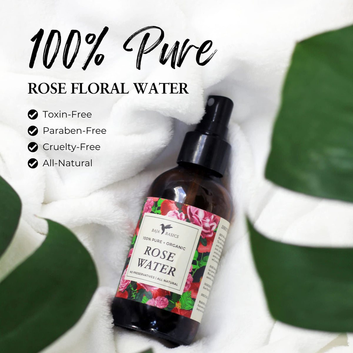 Baja Basics Rose Water Spray on the face provides gentle hydration.