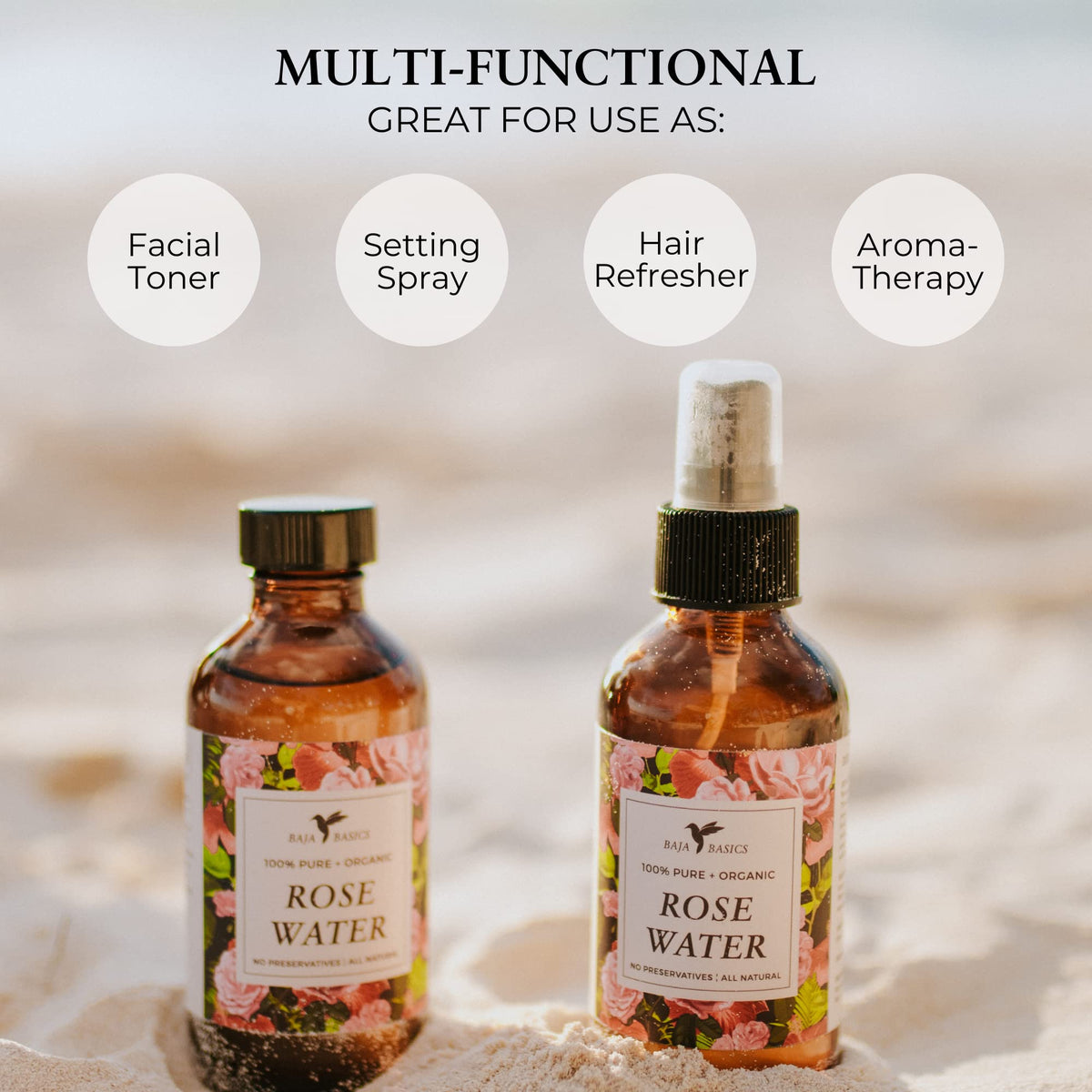 Baja Basics Rose Water Spray aids hair care and scalp refresh.
