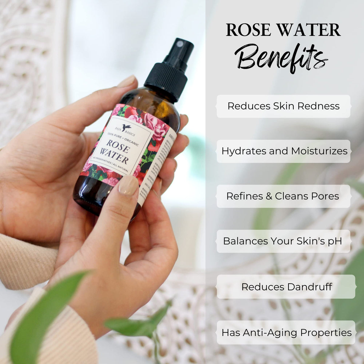 Baja Basics Rose Water Spray mist dispensed for skin refreshment.